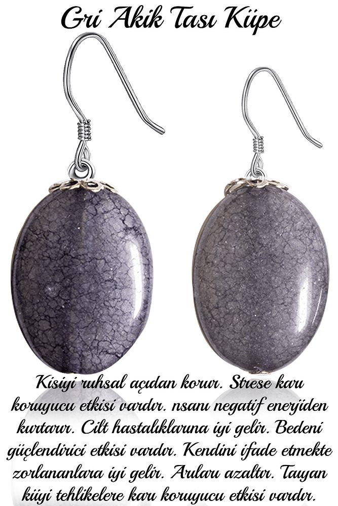 Sertifikalı Damarlı Gri Akik Taşı Doğal Taş Küpe