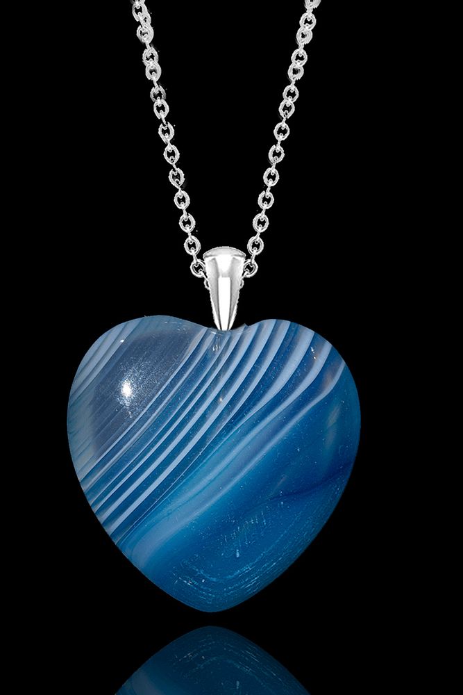 Sertifikalı Kalp Kesim Damarlı Mavi Akik Taşı Kolye