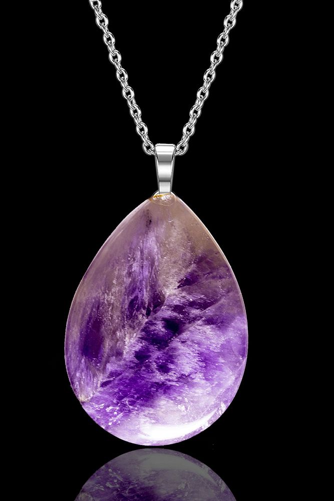 Sertifikalı Damla Model Gerçek Ametist Taşı Kolye (GÜMÜŞ ZİNCİRLİ)