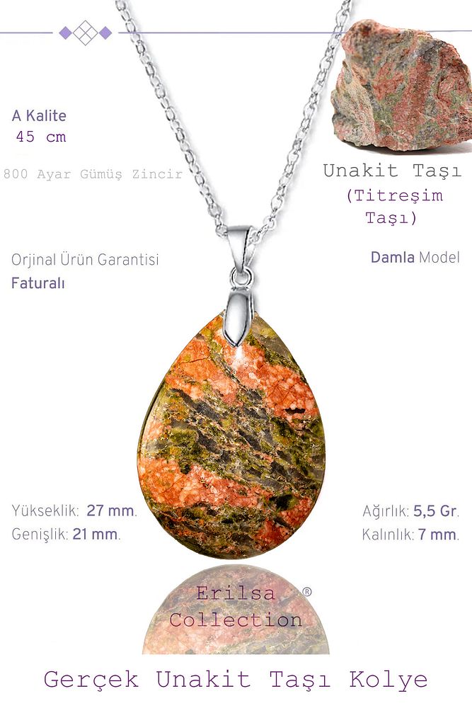 Sertifikalı Damla Model Unakit Taşı Kolye (GÜMÜŞ APARATLI)