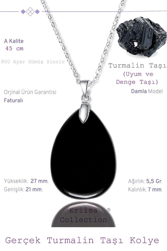 Sertifikalı Damla Model Siyah Turmalin Taşı Kolye (GÜMÜŞ APARATLI)