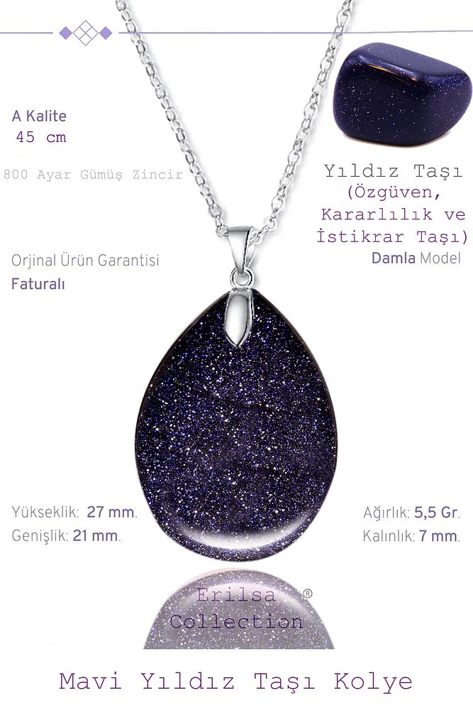 Sertifikalı Damla Model Lacivert Mavi Yıldız Taşı Kolye (GÜMÜŞ APARATLI)