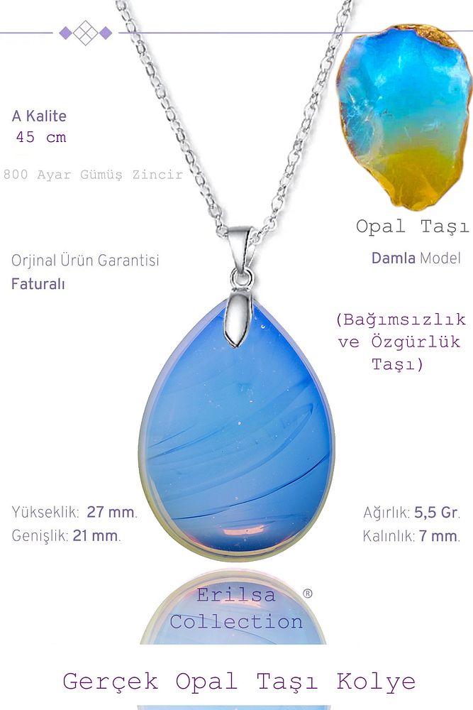 Sertifikalı Damla Model Opal Taşı Kolye (GÜMÜŞ APARATLI)