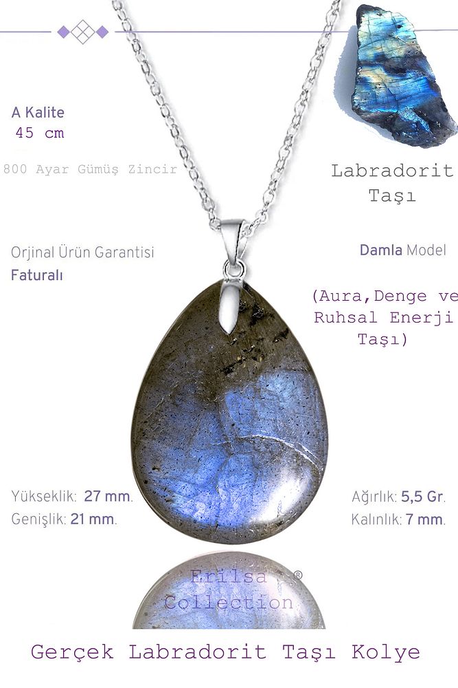 Sertifikalı Damla Model Gerçek Labradorit Taşı Kolye (GÜMÜŞ APARATLI)