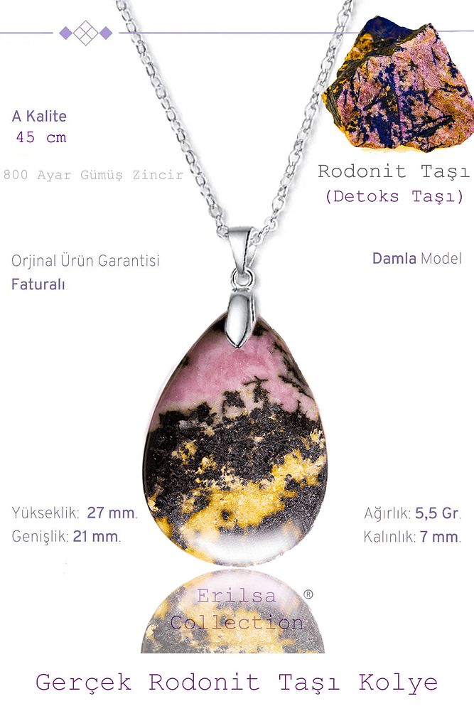 Sertifikalı Damla Model Rodokrozit - Rodonit Taşı Kolye (GÜMÜŞ APARATLI)