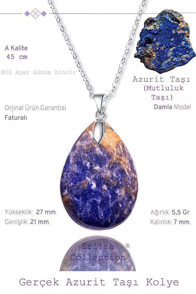 Sertifikalı Damla Model Azurit Taşı Kolye (GÜMÜŞ APARATLI)