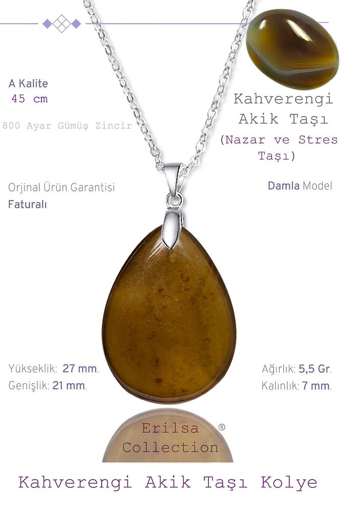 Sertifikalı Damla Model Kahverengi Akik Taşı Kolye (GÜMÜŞ APARATLI)