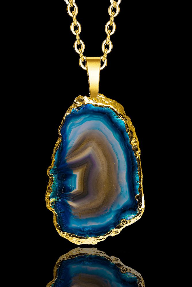 Sertifikalı Ham Mavi Akik Taşı Plaka Kolye - 24k Altın Kaplama