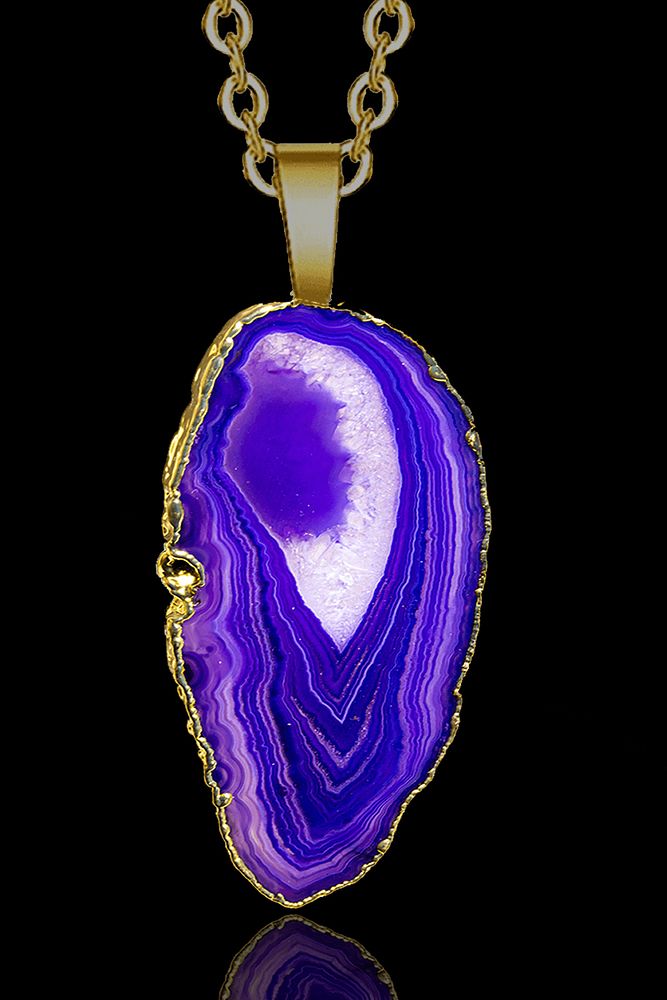 Sertifikalı Ham Mor Akik Taşı Plaka Kolye - 24k Altın Kaplama