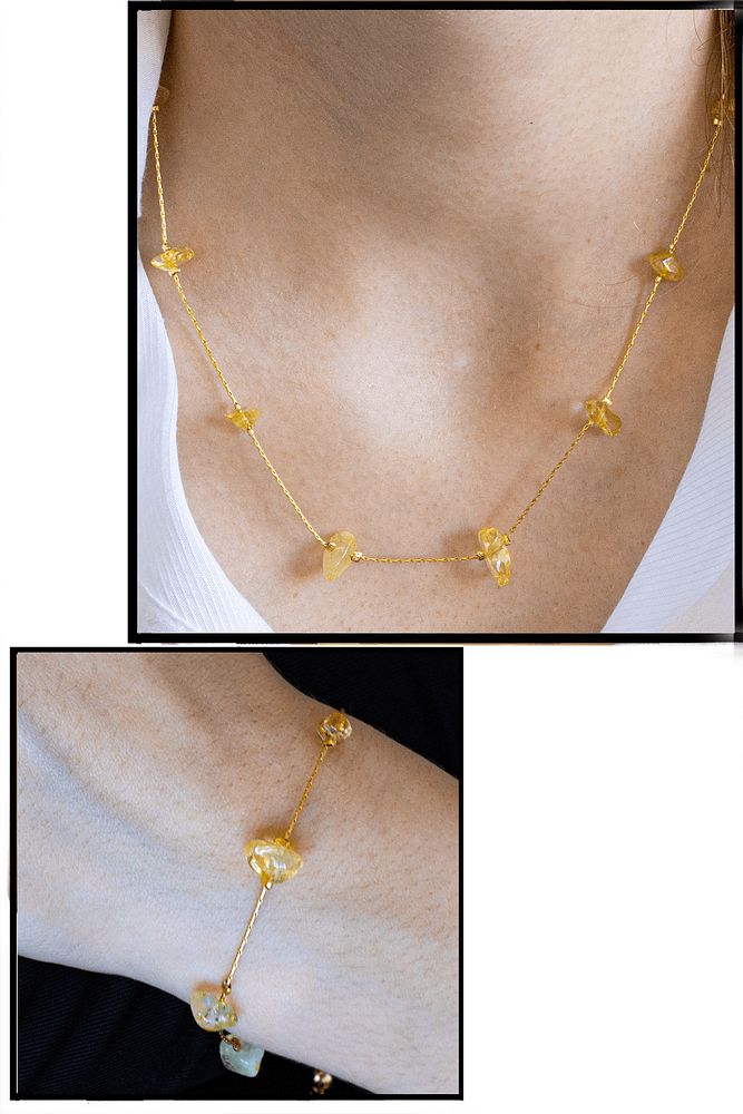 Sertifikalı Sitrin Taşlı Doğal Taş Kolye Bileklik Seti - Altın Renk