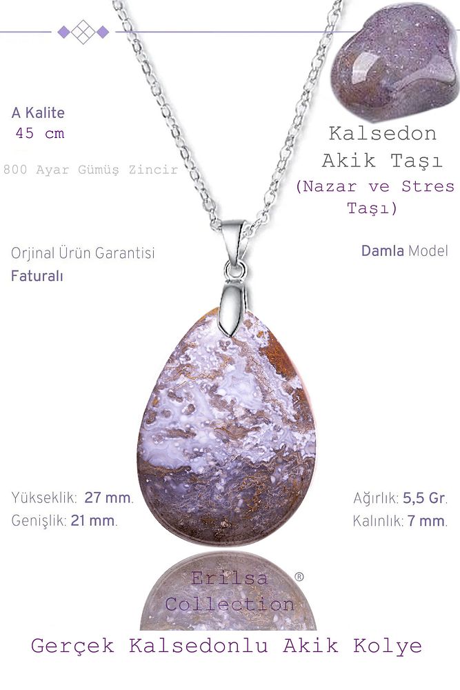 Sertifikalı Damla Model Kalsedon Akik Taşı Kolye (GÜMÜŞ APARATLI)