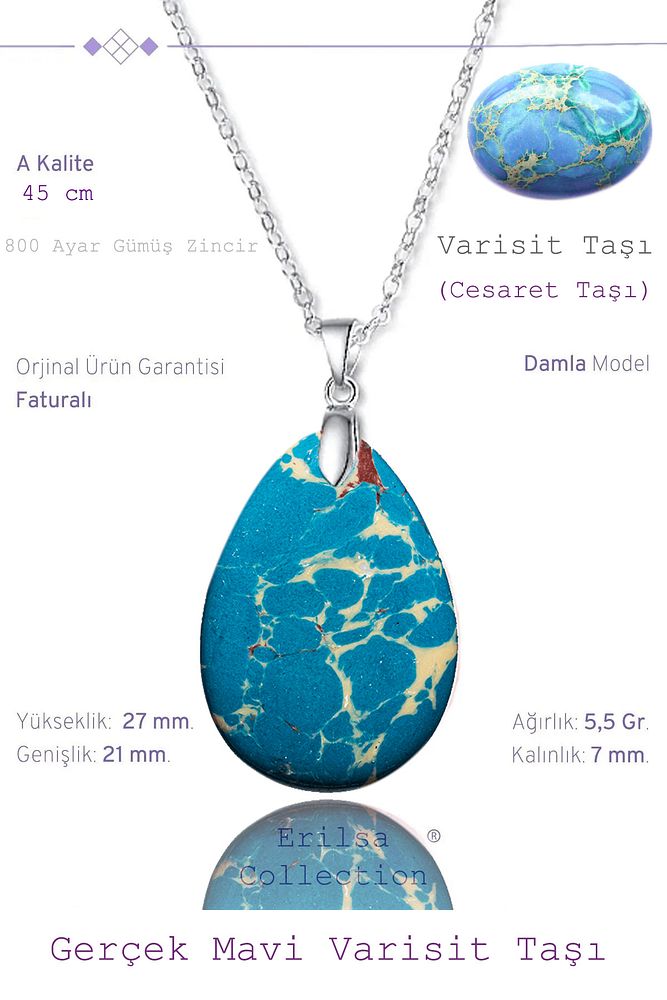 Sertifikalı Damla Model Mavi Beyaz Varisit Taşı Kolye (GÜMÜŞ APARATLI)