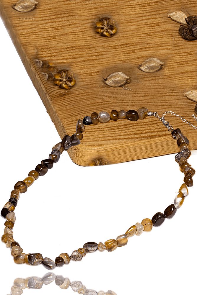 Sertifikalı Ham Tamburlanmış Kahverengi Akik Taşı Dizi Kolye