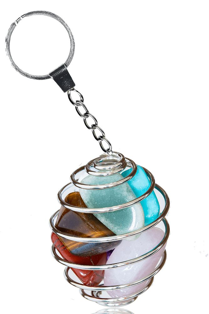 Sertifikalı Tel Sargılı 7 Çakra Doğal Taş Anahtarlık - Kaplan Gözü Kuvars Jasper Firuze Havlit Avent