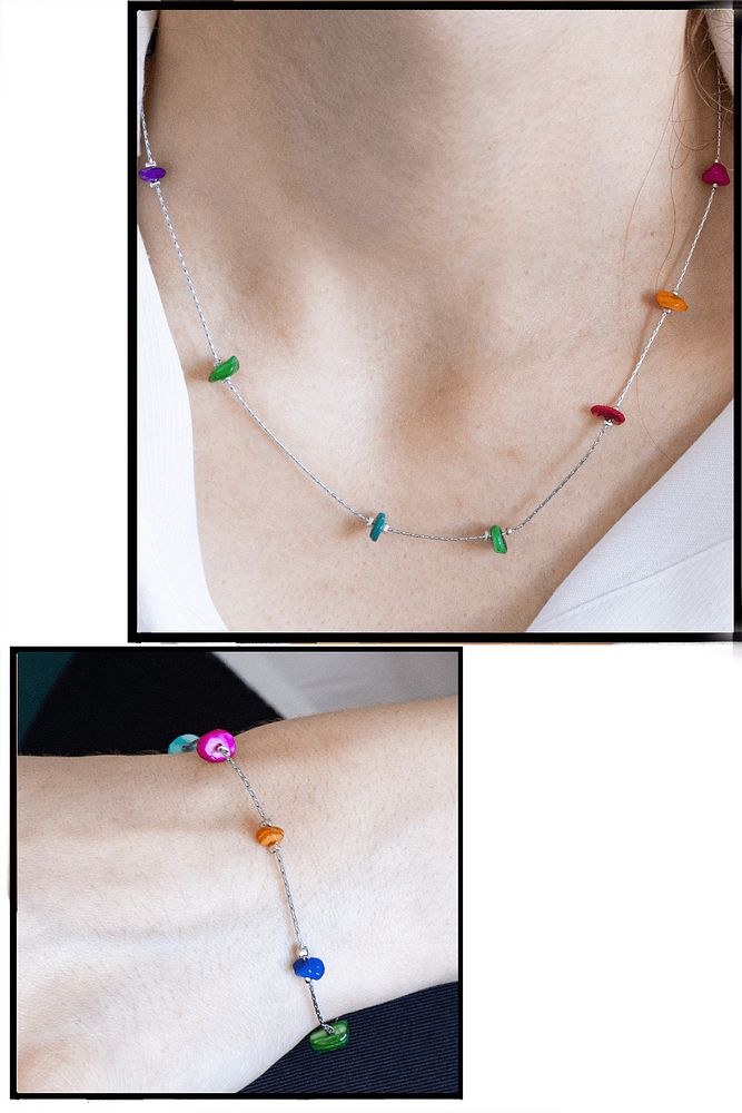 Sertifikalı Renkli Sedef Taşlı Doğal Taş Kolye Bileklik Seti