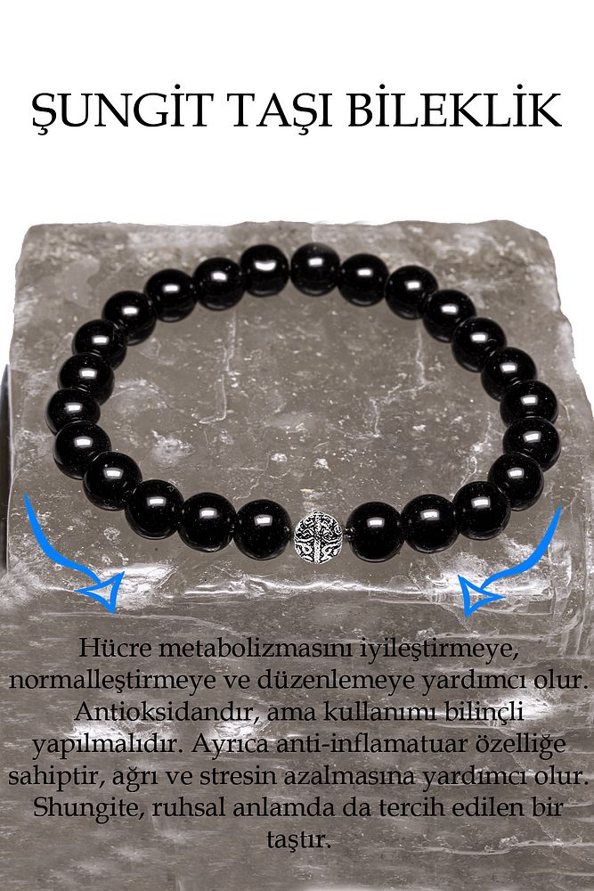 Sertifikalı A Kalite Shungite - Şungit Taşı Bileklik - Gümüş Aparatlı