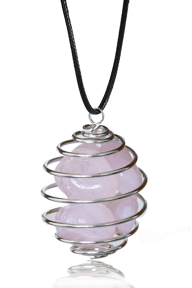 Sertifikalı Tel Sargılı Kafes Model Pembe Kuvars Taşı Kolye