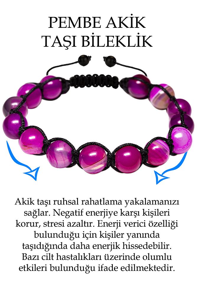 Sertifikalı Parlak Pembe Akik Taşı Bileklik - Makrome