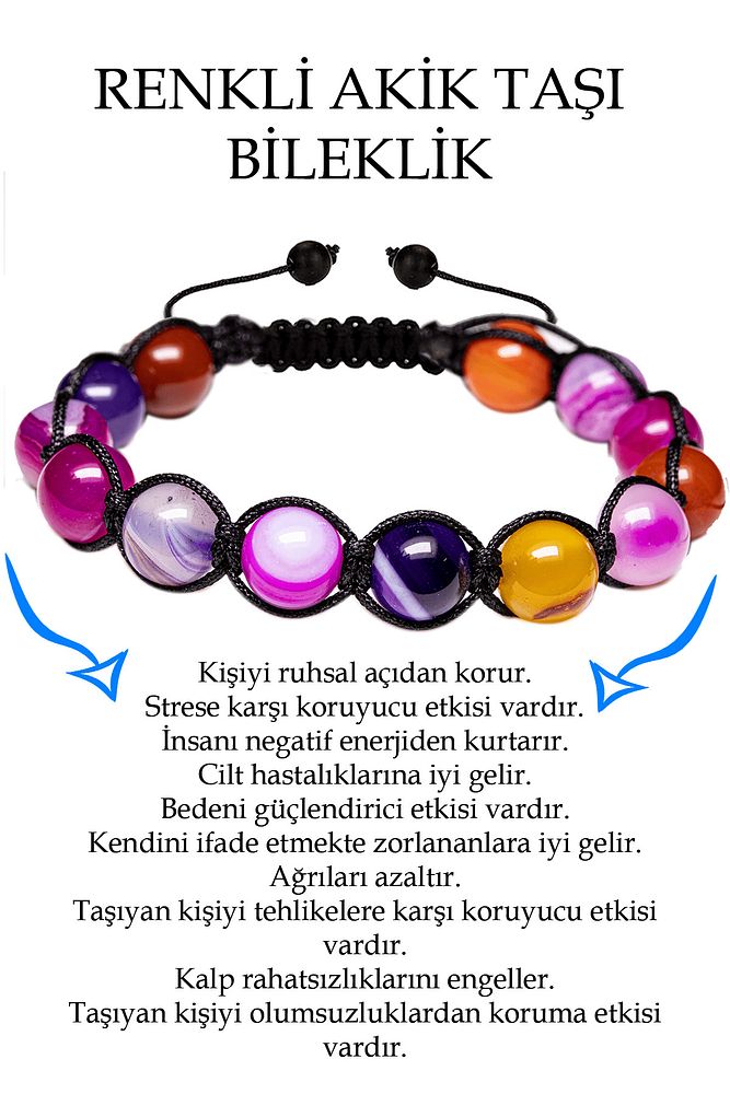 Sertifikalı Mix Renkli Akik Taşı Bileklik - Makrome