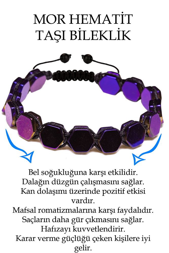 Sertifikalı Altıgen Mor Aura Hematit Taşı Bileklik