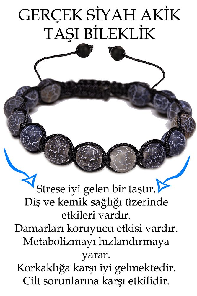 Sertifikalı Damarlı Siyah Akik Taşı Bileklik - Makrome