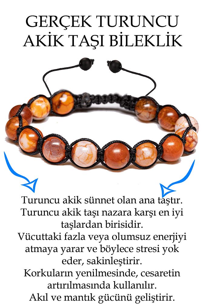 Sertifikalı Turuncu Beyaz Akik Taşı Bileklik - Makrome