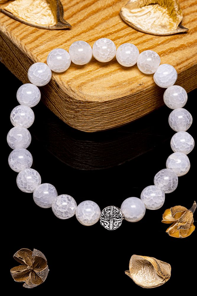 Sertifikalı Aaa+ Damarlı Beyaz Akik Taşı Bileklik - Gümüş Aparatlı