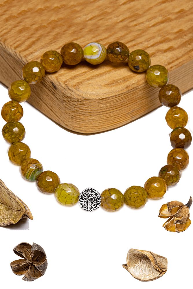 Sertifikalı Fasetli Aaa+ Ejderha Yeşil Sarı Akik Taşı Bileklik - Gümüş Aparatlı