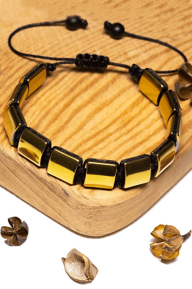 Sertifikalı 24k Altın Kaplama Sarı Hematit Taşı Bileklik - Makrome