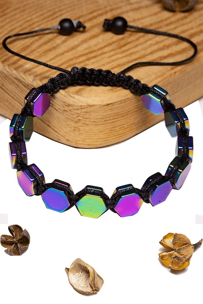 Sertifikalı Altıgen Aura Hematit Taşı Bileklik - Makrome