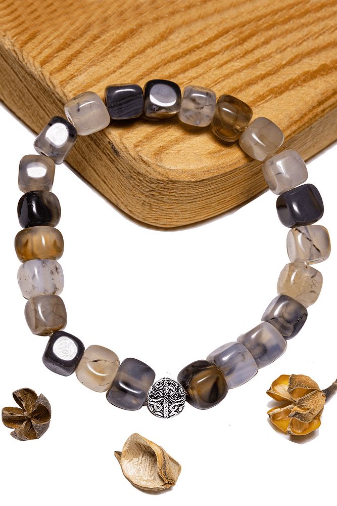 Sertifikalı Küp Kesim Siyah - Beyaz Akik Taşı Bileklik - Gümüş Aparatlı