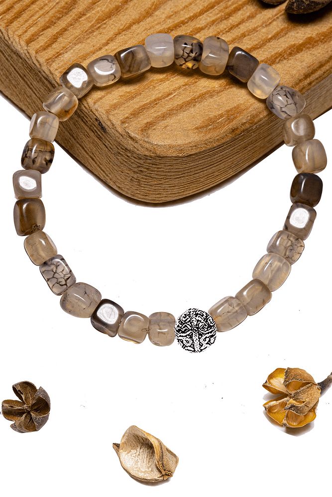 Sertifikalı Küp Kesim Gri Akik Taşı Bileklik - Gümüş Aparatlı