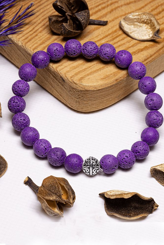 Sertifikalı Mor Renk Volkanik Lav Taşı Bileklik - Gümüş Aparatlı