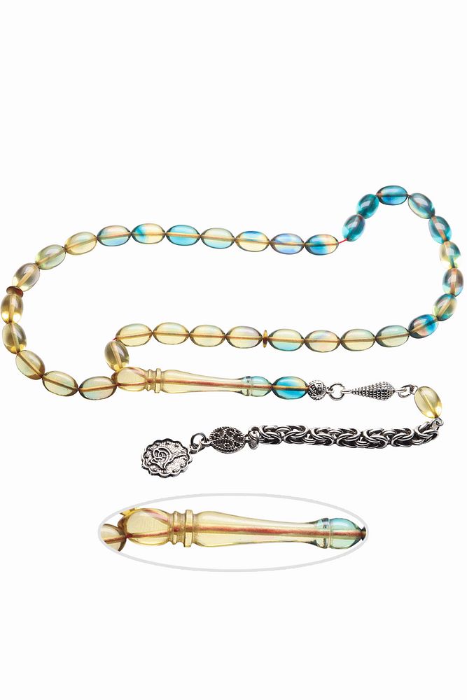 Mavi Şeffaf Geçişli Beyzi Kesim Ateş Kehribar Tesbih