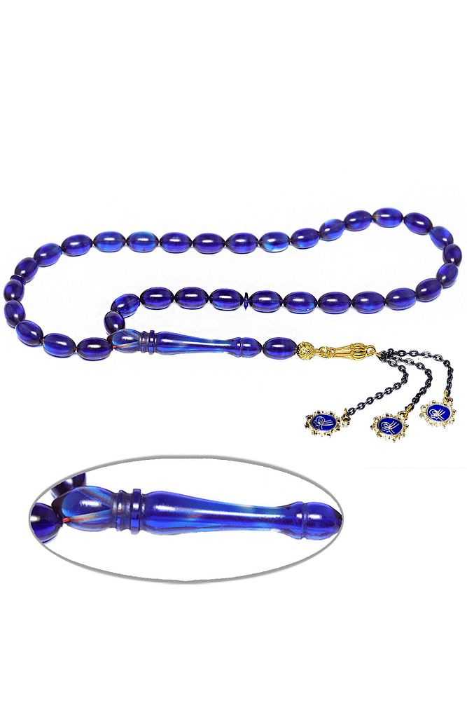 Parlement Mavisi Renkli Üçlü Püsküllü Ateş Kehribar Tesbih