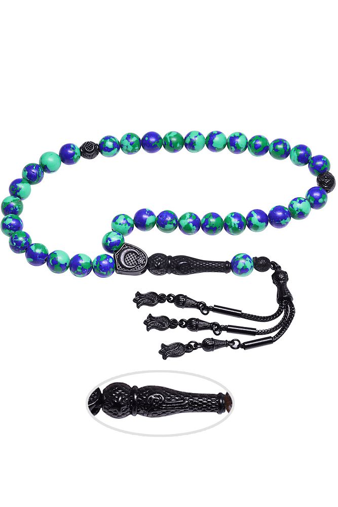 Siyah Nikel Püsküllü Mavi Yeşil Azurit Tesbih