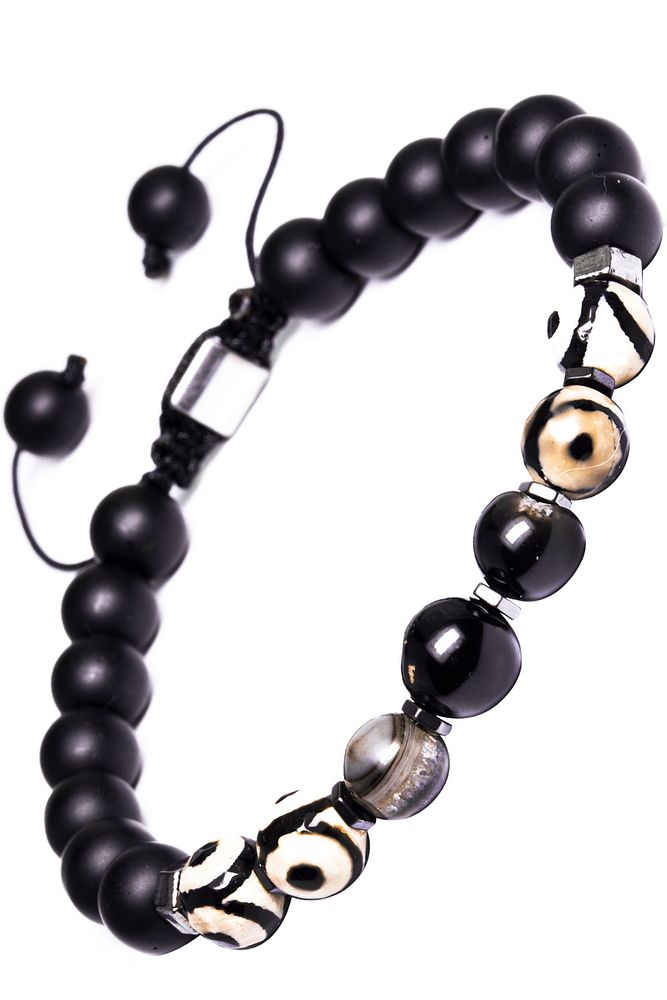 Makrome Oniks Taşı Ve Beyaz Benekli Akik Bileklik