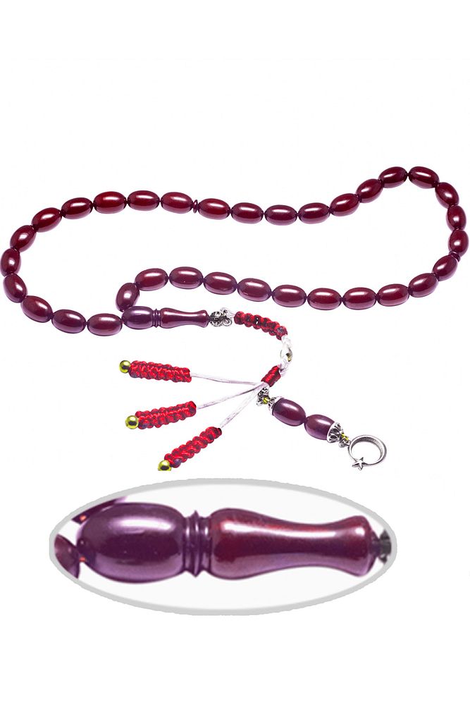 Kırmızı Renkli Beyzi Kesim Çubuk Sıkma Kehribar Tesbih