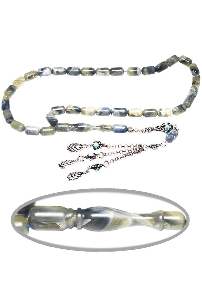 Gri Mavi Renkli Yoğun Hareli Sıkma Kehribar Tesbih