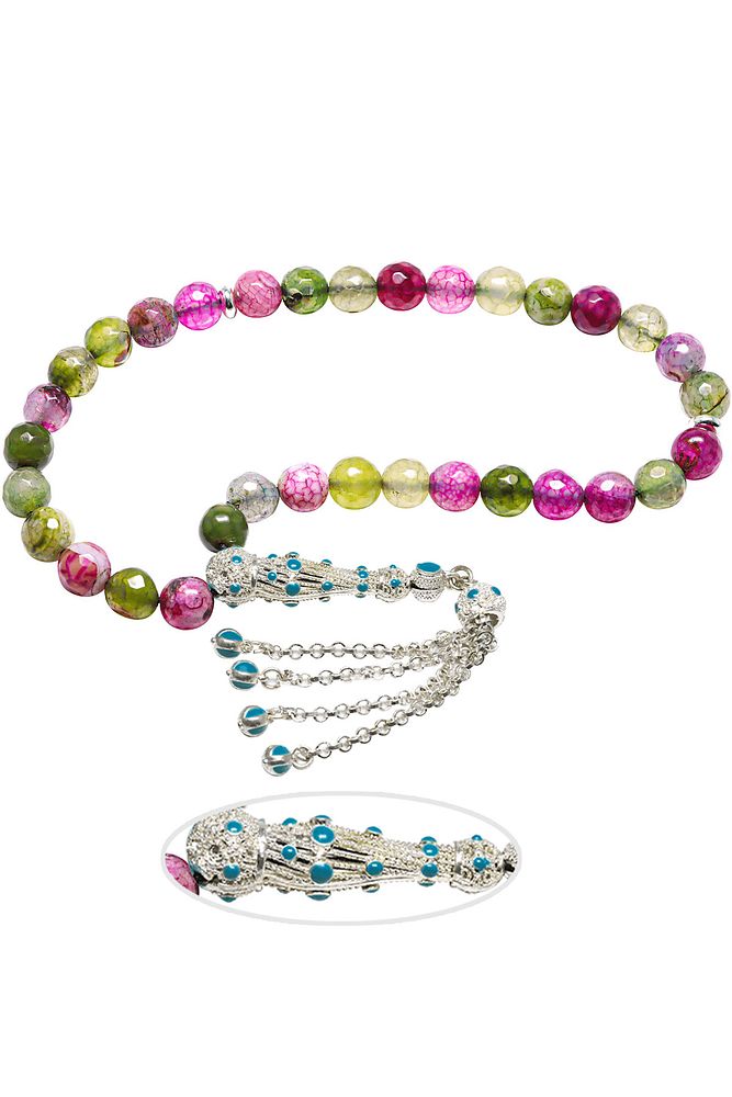 Beyaz Mavi Mineli Telkari Püsküllü Üzeri Koruyucu Boya Kaplamalı Fasetli Ruby Zoisite Tesbih