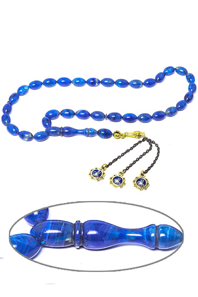 Mavi Renkli Yoğun Hareli Özel Sıkma Kehribar Tesbih