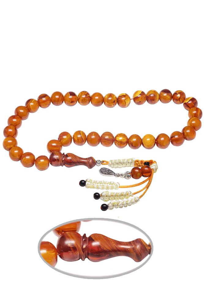 Kayısı Renkli Makrome Püsküllü Hareli Sıkma Kehribar Tesbih