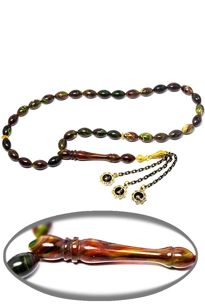 Yeşil Kahverengi Renkli Hareli Sıkma Kehribar Tesbih