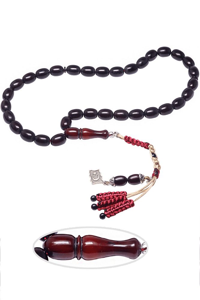 Bordo Renkli Beyzi Kesim Makrome Püsküllü Çubuk Sıkma Kehribar Tesbih