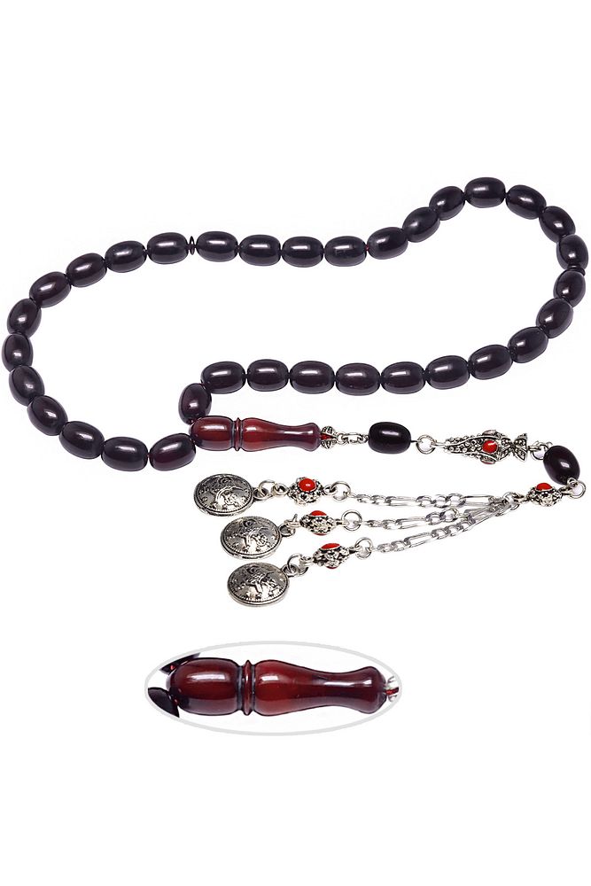 Bordo Renkli Halep Mineli Püsküllü Sıkma Kehribar Tesbih