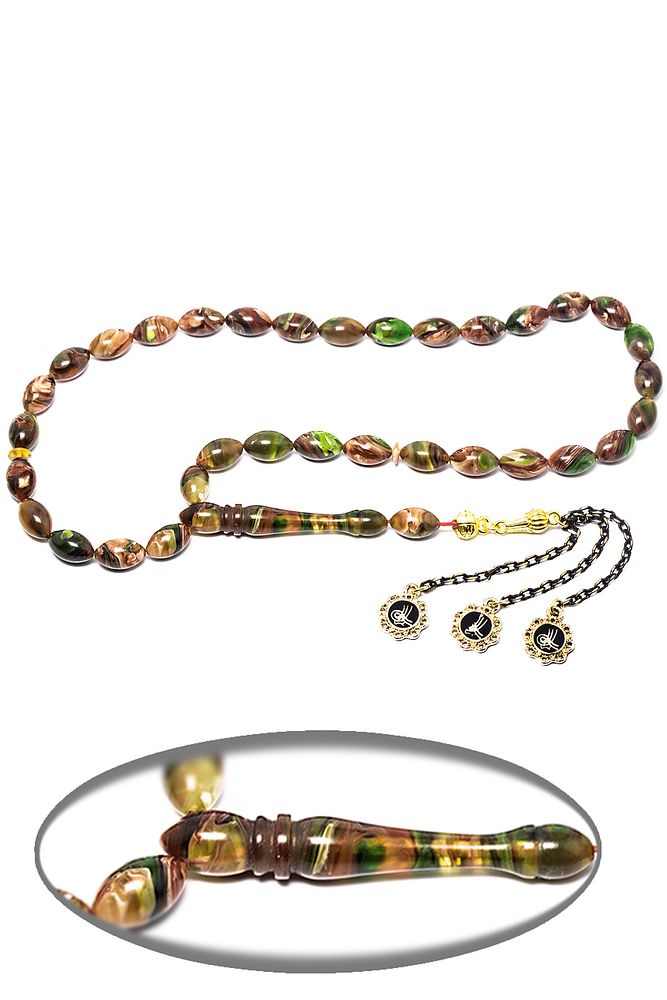 Yeşil Kahverengi Renkli Yoğun Hareli Sıkma Kehribar Tesbih