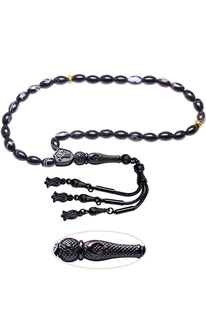 Siyah Nikel Püsküllü Arpa Kesim Doğal Siyah Akik Tesbih