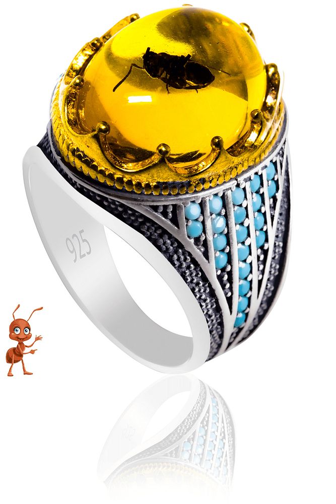 Karınca Fosilli Işlemeli 925 Ayar Kehribar Taşlı Gümüş Yüzük