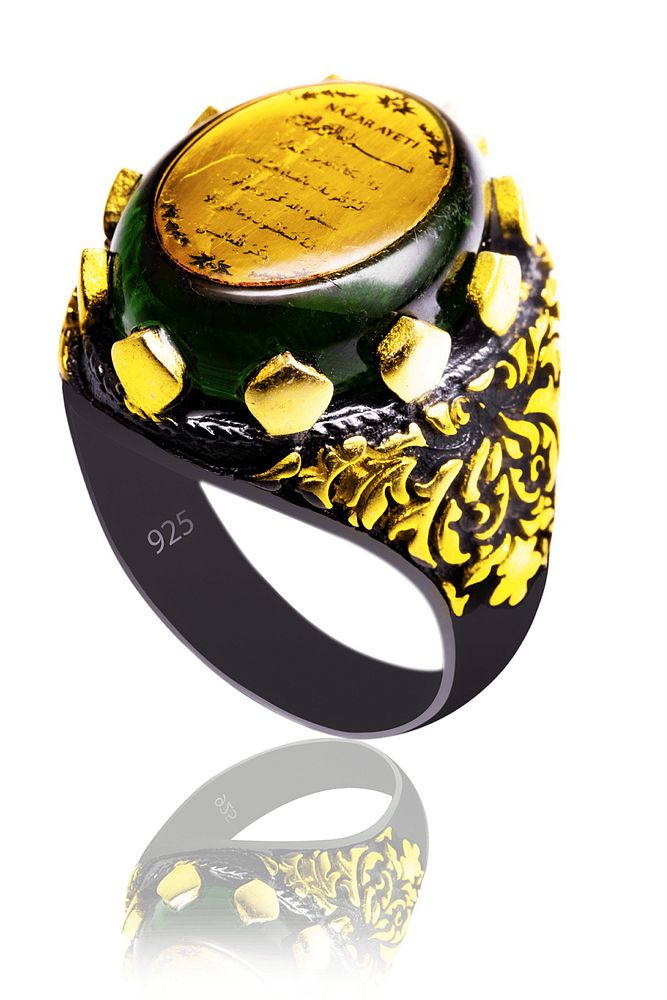 Nazar Ayeti Kehribar Taşlı Gümüş Yüzük