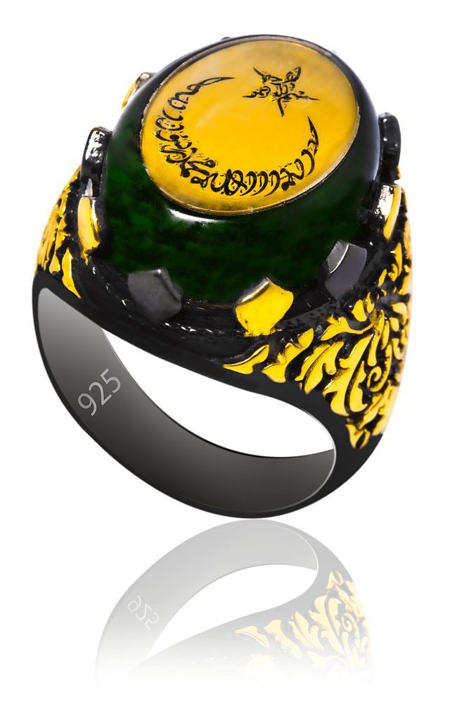 Ay Yıldız Işlemeli Yeşil Kehribar Taşlı Gümüş Yüzük